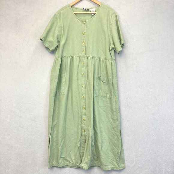Erika Dresses & Skirts - Vintage Erika Button Up Linen Blend Midi Dress Womens XL Western Green Prairie